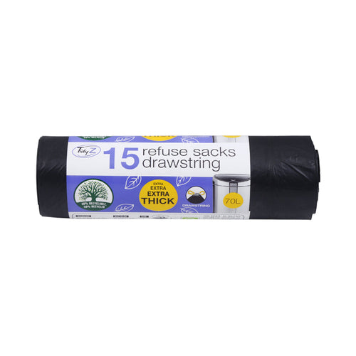 TIDYZ GARBAGE BAG 15 REFUSE SACKS DRAWSTRING 70L B0587A