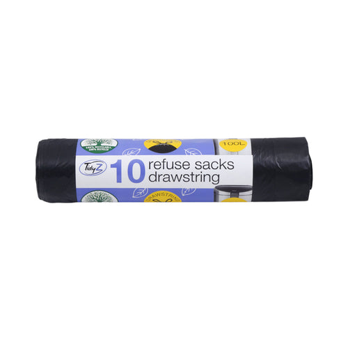 TIDYZ GARBAGE BAG 10 REFUSE SACKS DRAWSTRING 100L B1528